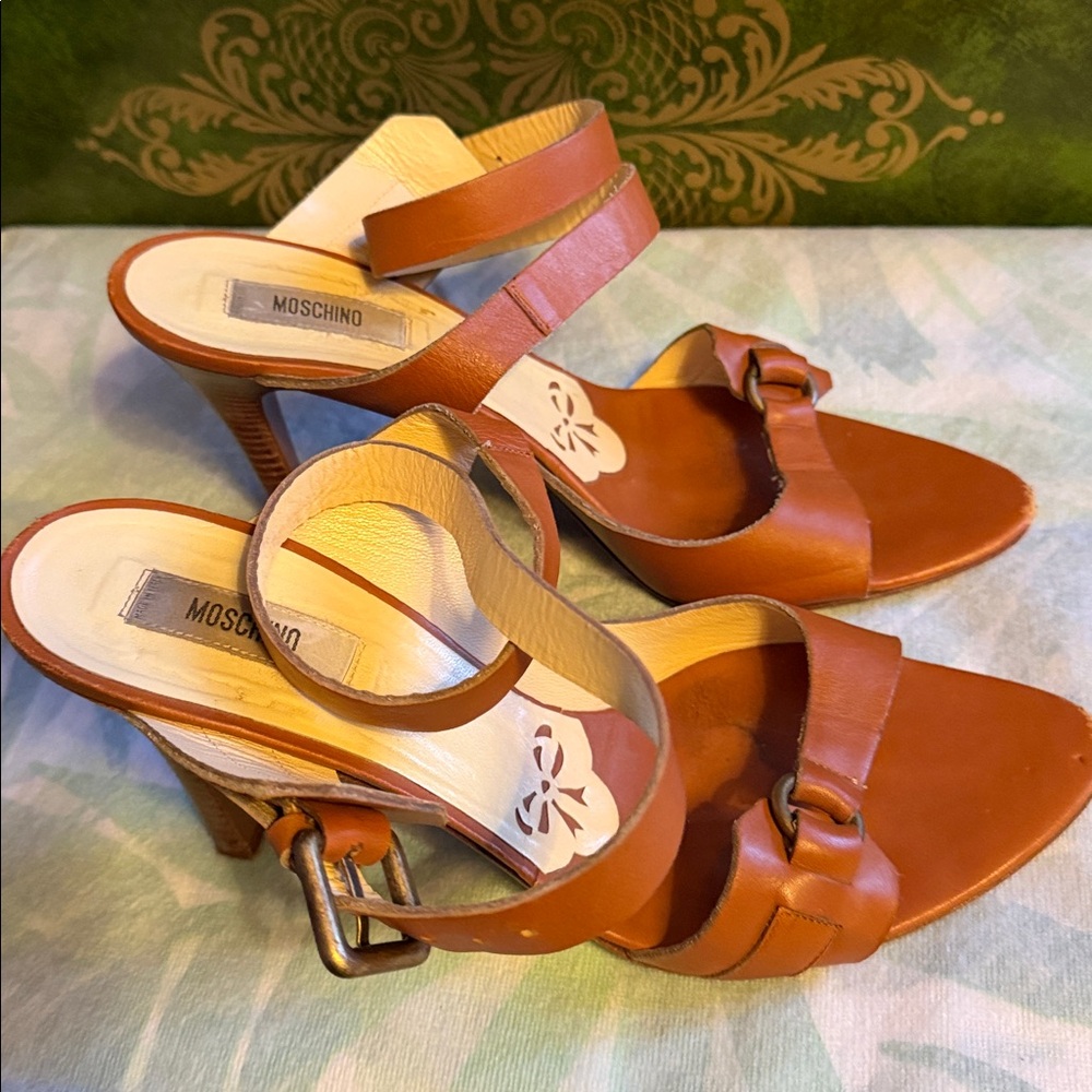 Moschino Tan Leather Strappy Heels
